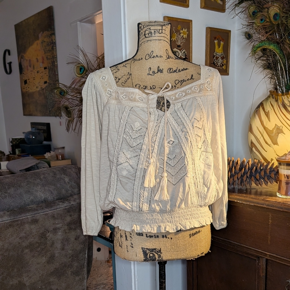 Lucky Brand Beaded Elastic Waste Peasant Cream Women's Top Velvet Trim